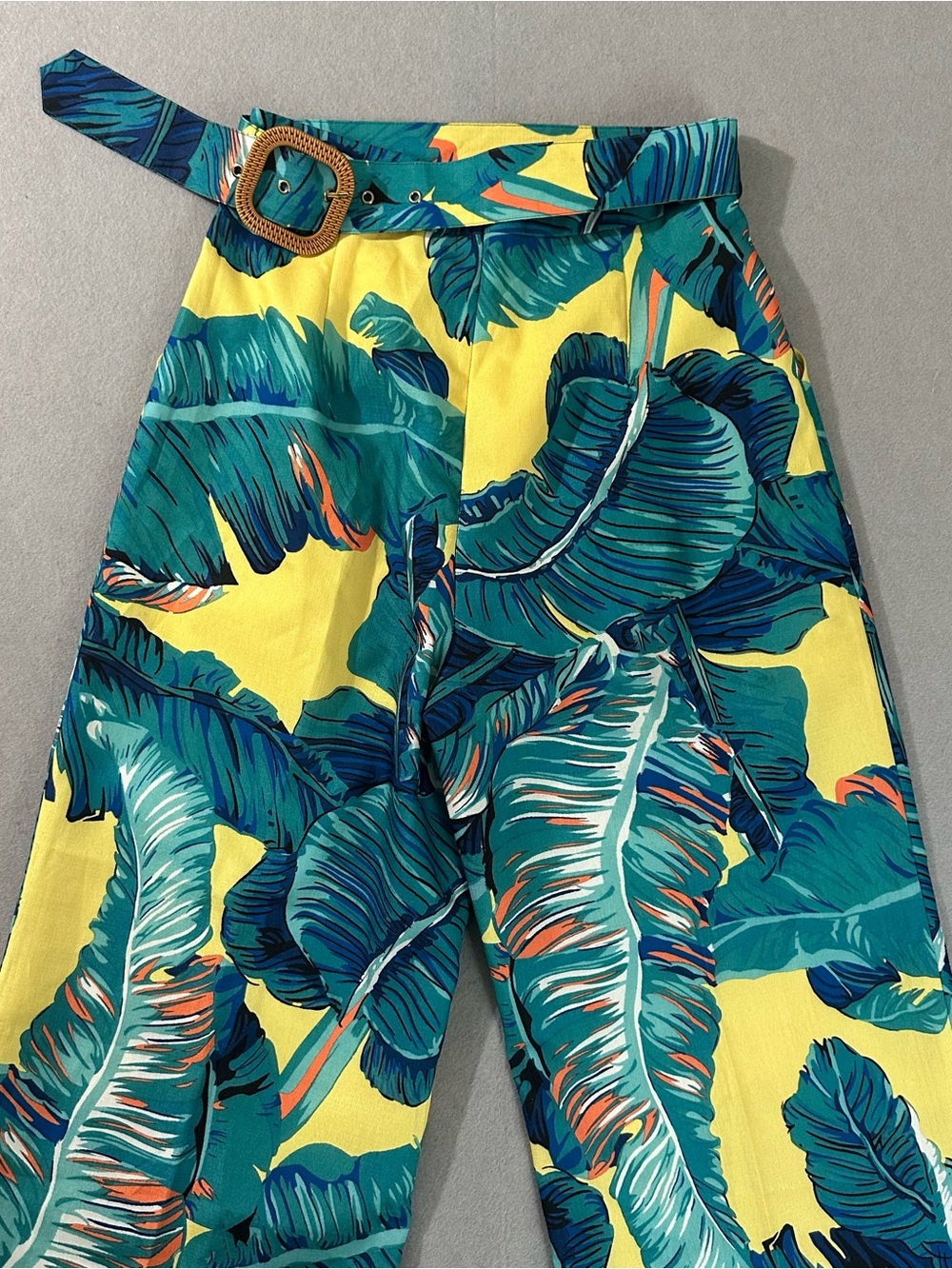 L'ATISTE Yellow and Teal Tropical Wide-Leg Pants with Belt